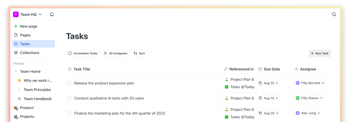 Screenshot of tasks inside Saga.